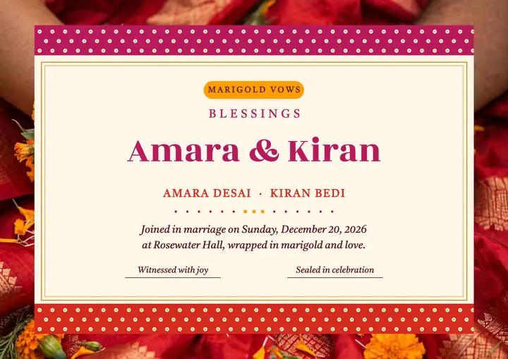 Marigold vows blessing certificate template