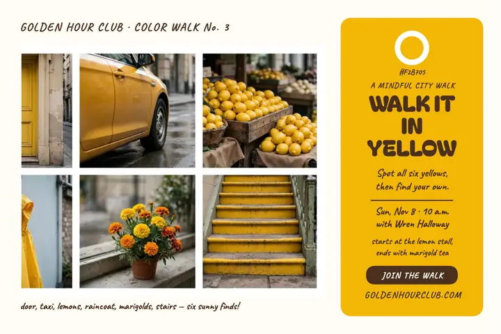 Yellow color walk postcard, Golden Hour Club template