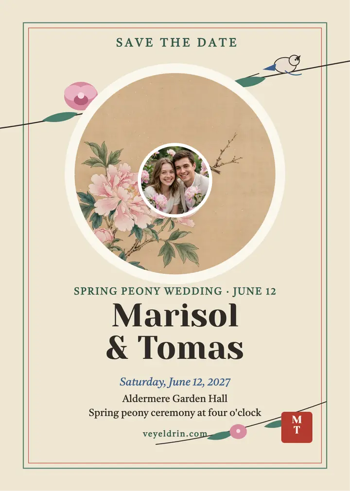 Peony bird save the date template