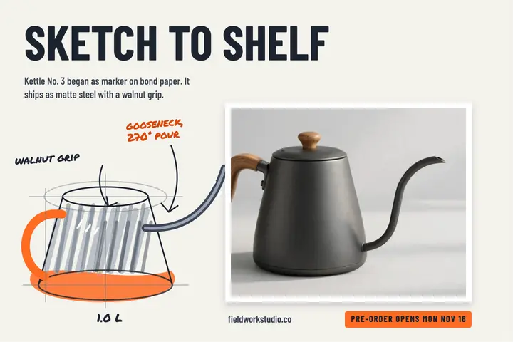 Marker sketch to shelf kettle launch postcard: product launch postcard template