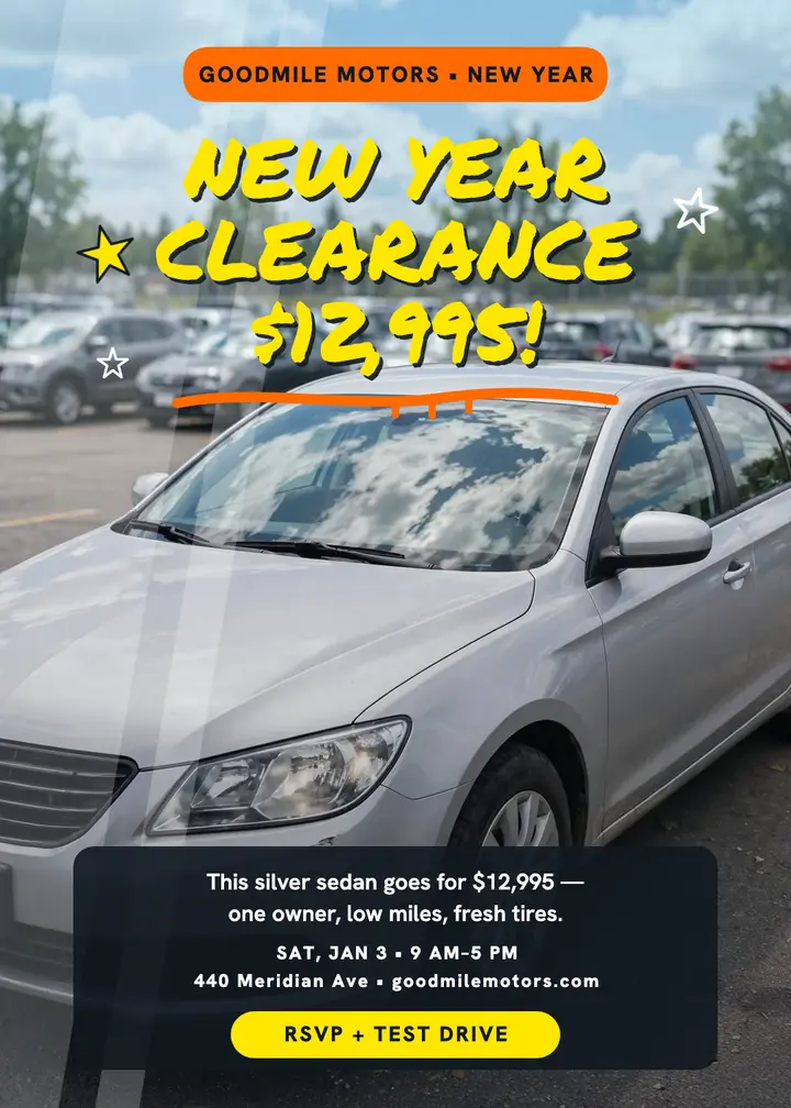 Goodmile Motors New Year clearance invite: car sale invitation template