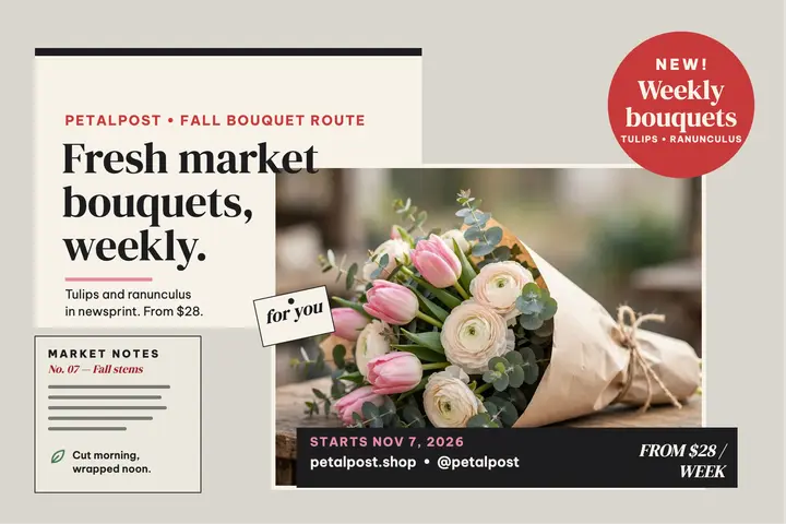 Petalpost fall bouquet route launch postcard template