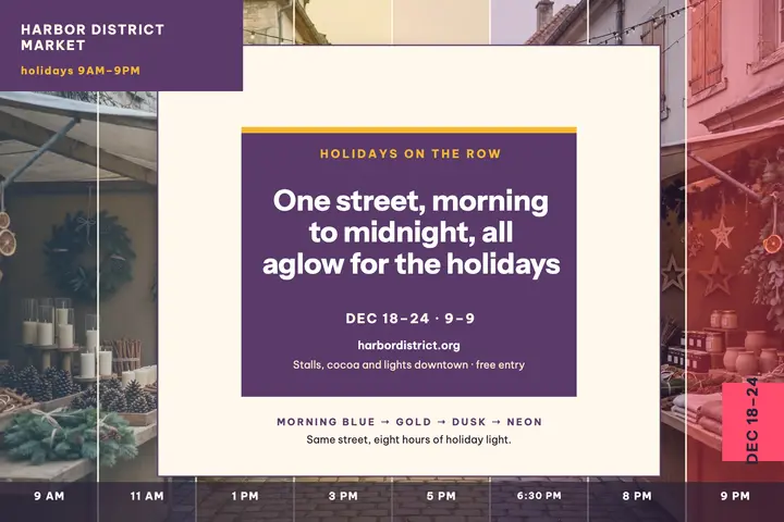 Harbor District Market day to night postcard template