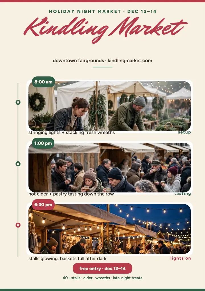 Kindling Market holiday timeline flyer template