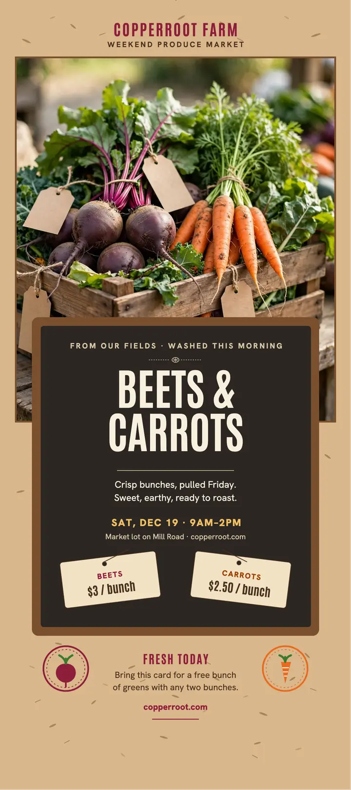 Copperroot Farm produce market rack card template