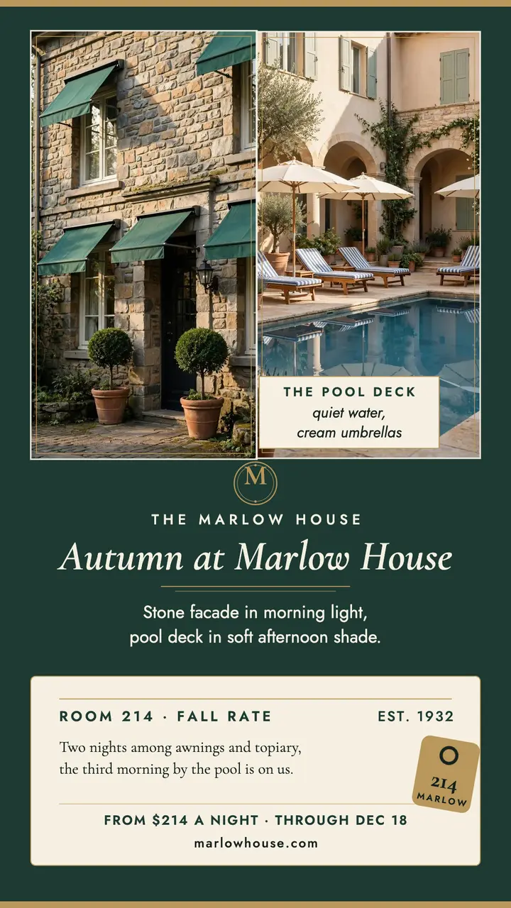 Marlow House facade and pool fall story template