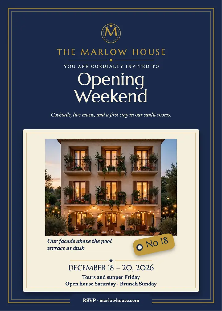 Marlow House opening weekend invitation: hotel opening invitation template