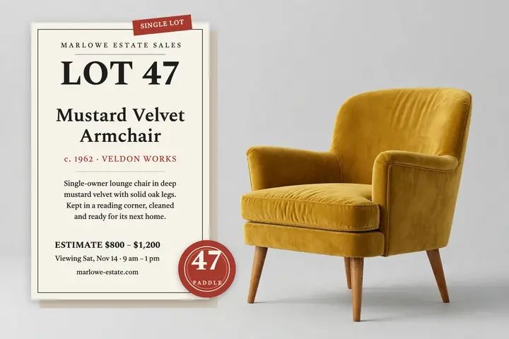 Marlowe single chair estate lot postcard template