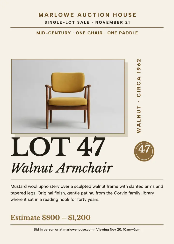 Marlowe Lot 47 walnut armchair invite: auction lot invitation template