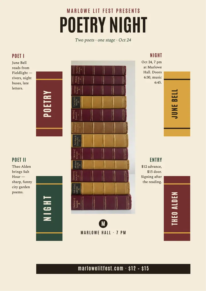 Marlowe poetry night flyer with book spines: poetry night flyer template