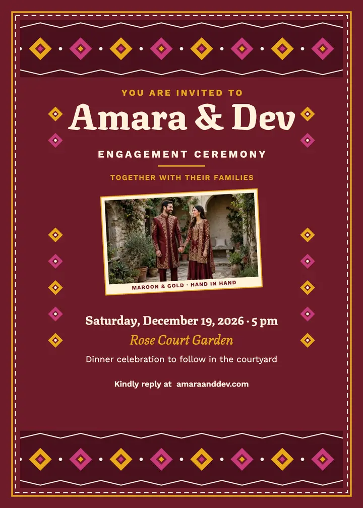 Amara and Dev maroon engagement invitation template