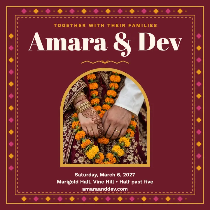 Amara and Dev maroon gold invite template