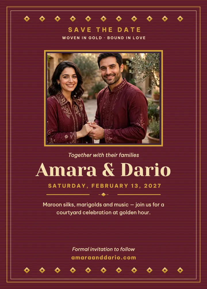 Amara and Dario maroon gold save the date template