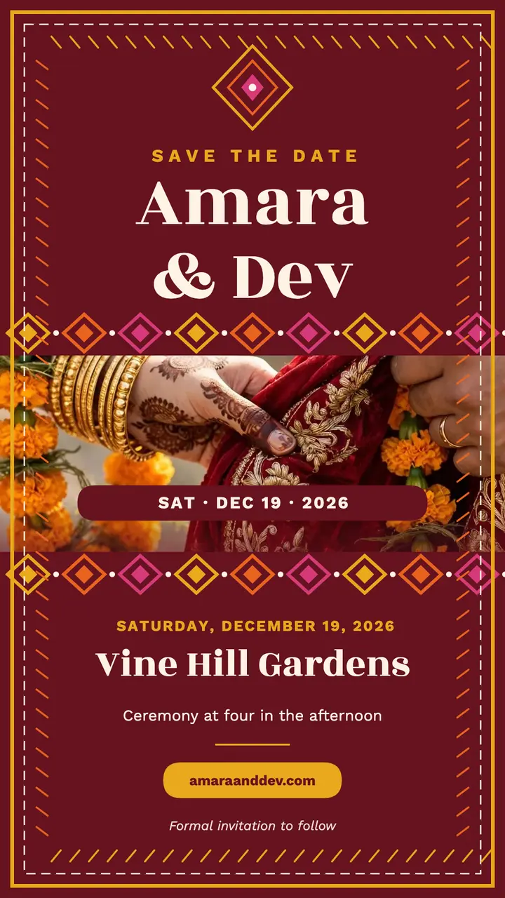 Amara and Dev winter save the date story template