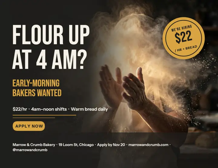 Marrow and Crumb bakery hiring flyer: bakery hiring flyer template