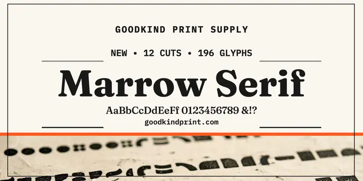 Marrow Serif specimen, Goodkind Print Supply: typeface specimen x post template