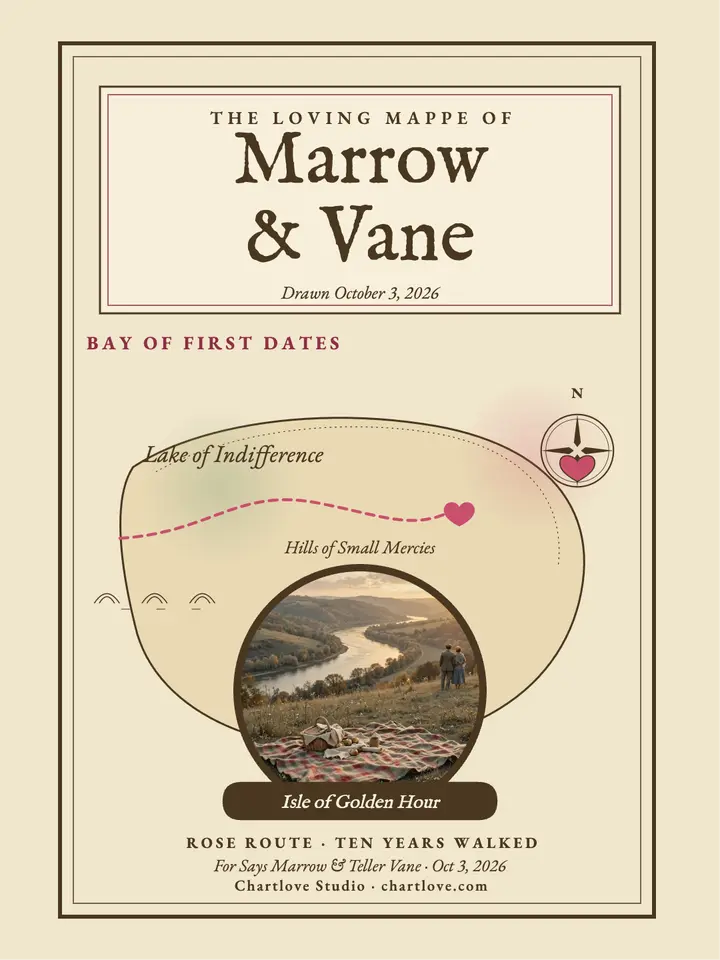 Marrow and Vane allegorical love map portrait: anniversary love map template