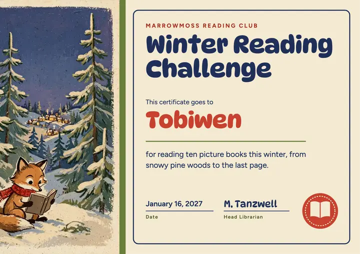 Marrowmoss fox winter reading certificate, ten books template