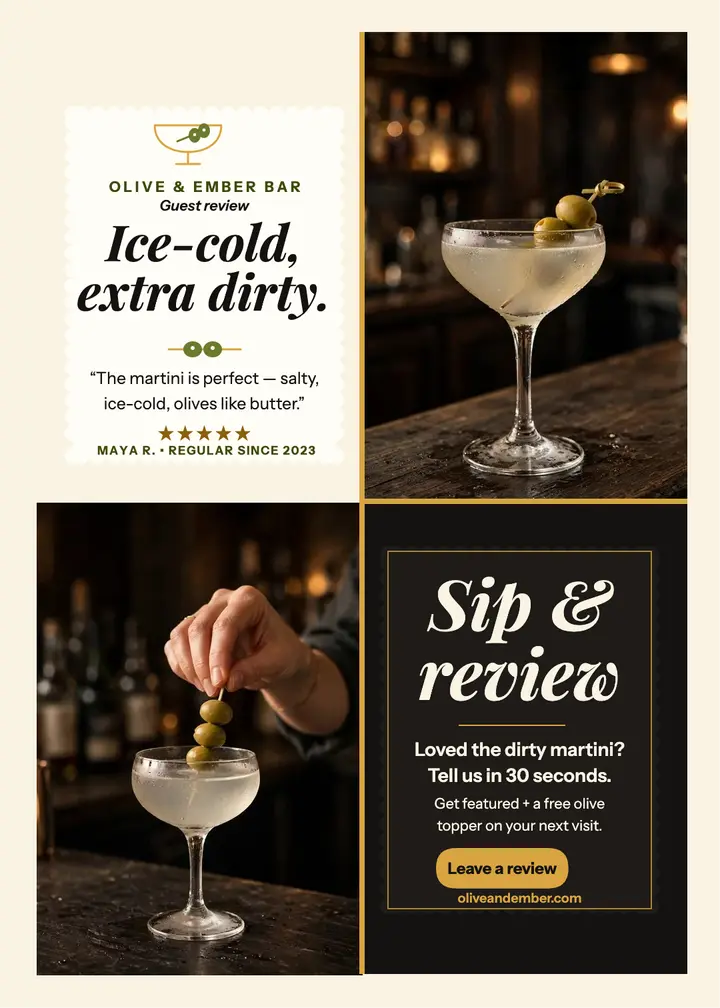Olive and Ember martini spotlight invitation: bar review invitation template