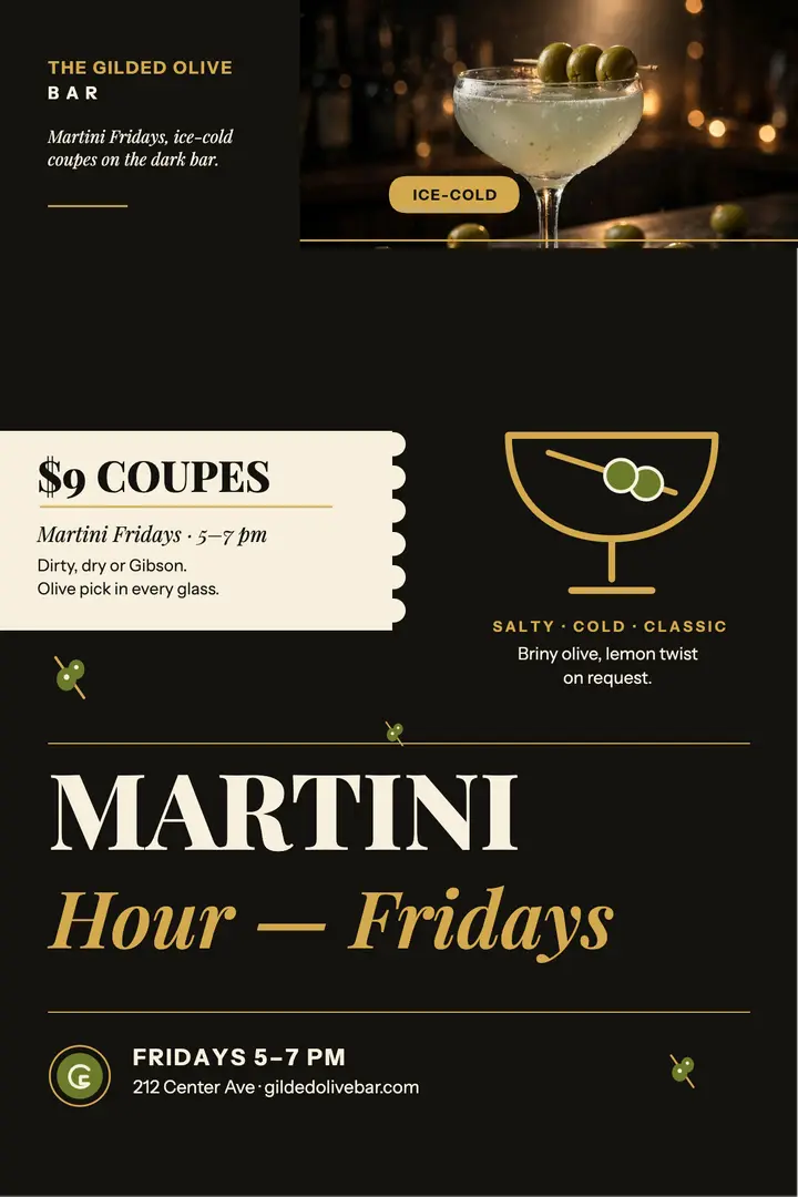 Gilded Olive martini Friday poster template