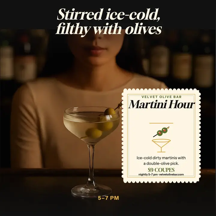 Velvet Olive martini hour post template