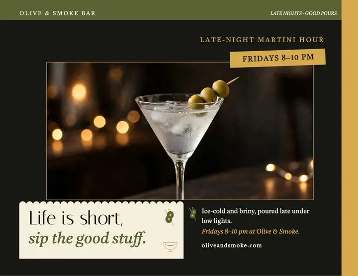 Olive and Smoke martini hour quote flyer: martini quote flyer template
