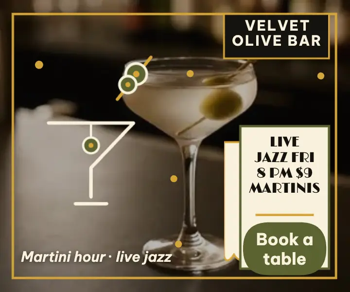 Velvet Olive Bar live jazz martini ad: live jazz night ad template