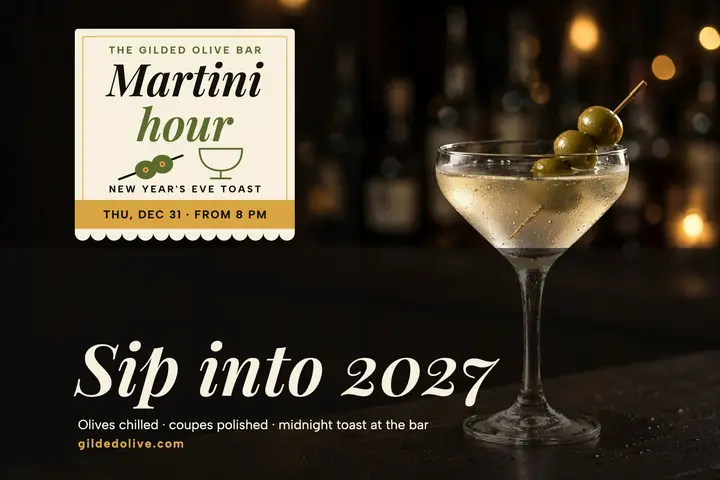 Gilded Olive New Year's Eve martini postcard template