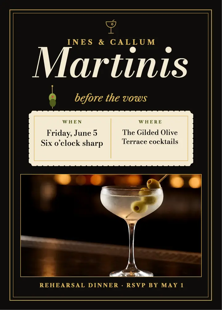 Martini hour rehearsal dinner invitation template