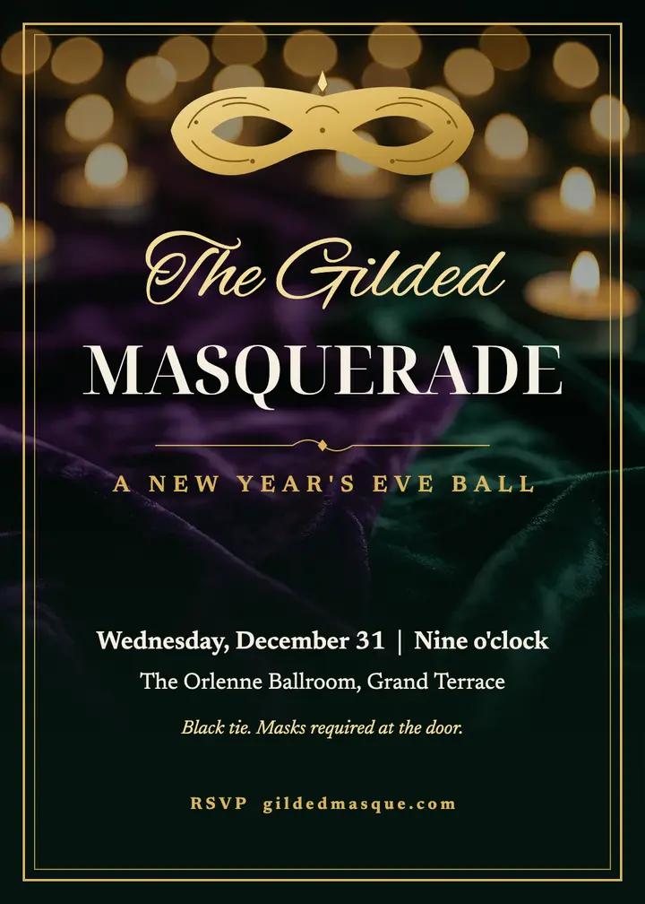 Gilded masquerade New Year's Eve ball: masquerade ball invitation template