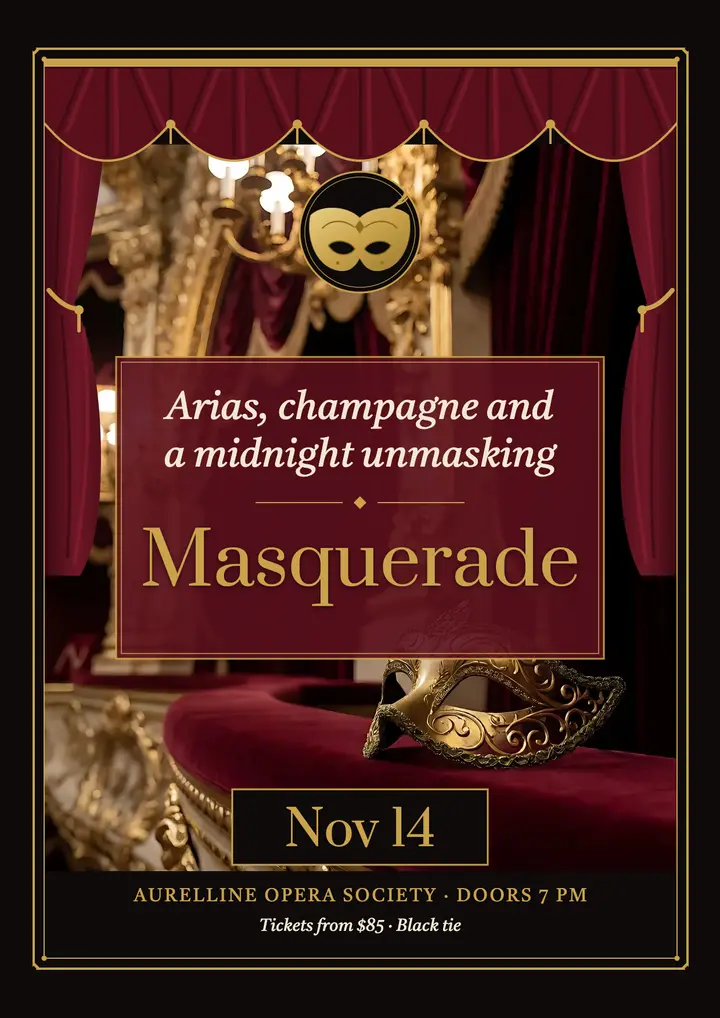 Masquerade black-tie opera gala flyer, opera house template