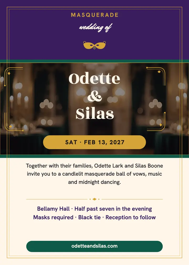 Odette and Silas masquerade invitation: masquerade wedding invitation template