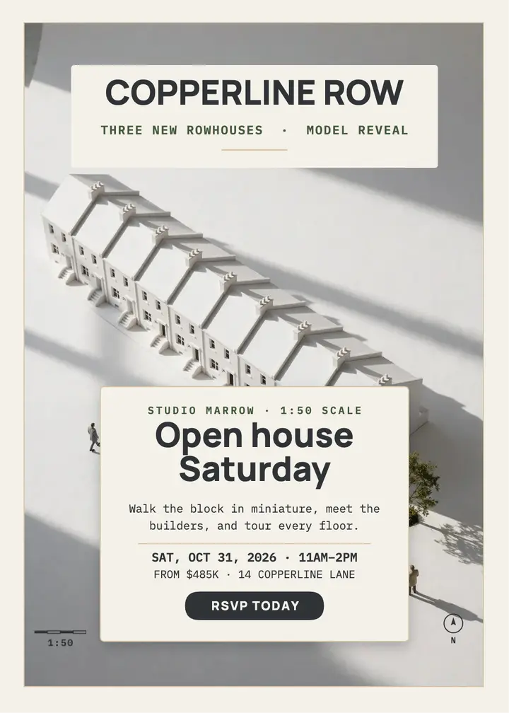 Copperline Row model open house invite: open house invitation template