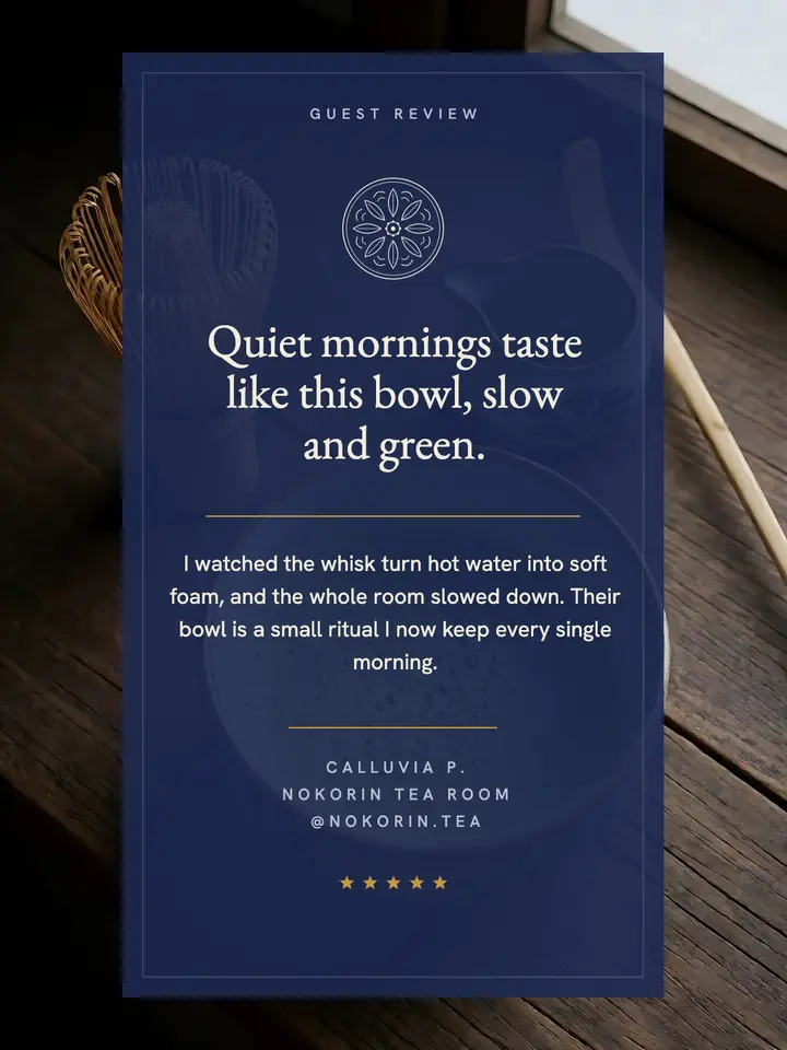 Nokorin Tea Room matcha review card, kamon crest template