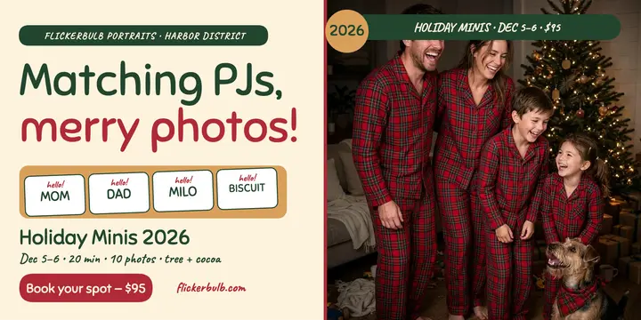 Matching pajamas holiday minis, photo studio: holiday mini sessions template