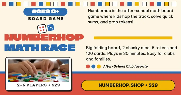 Numberhop math race board game post: math board game post template