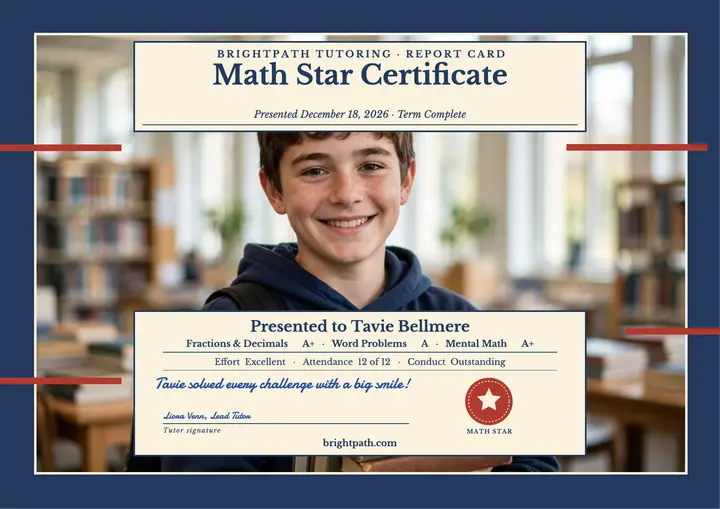 Brightpath Math Star report certificate template