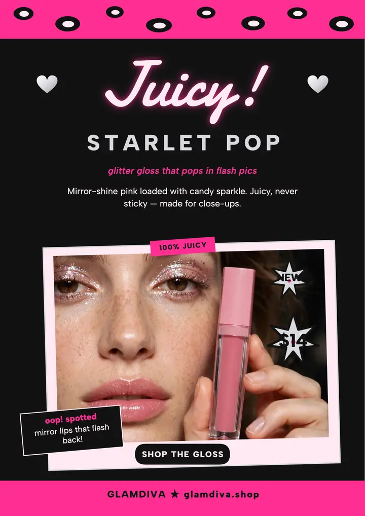 Glamdiva Starlet Pop gloss flyer: lip gloss launch flyer template