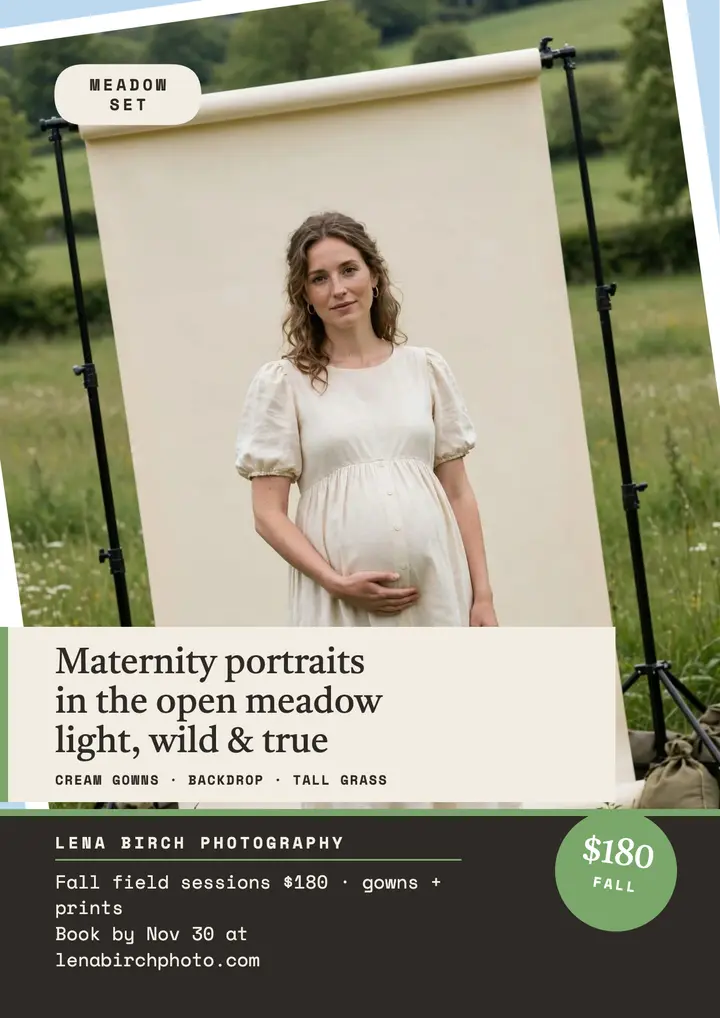 Lena Birch meadow maternity field sessions flyer: maternity portrait flyer template
