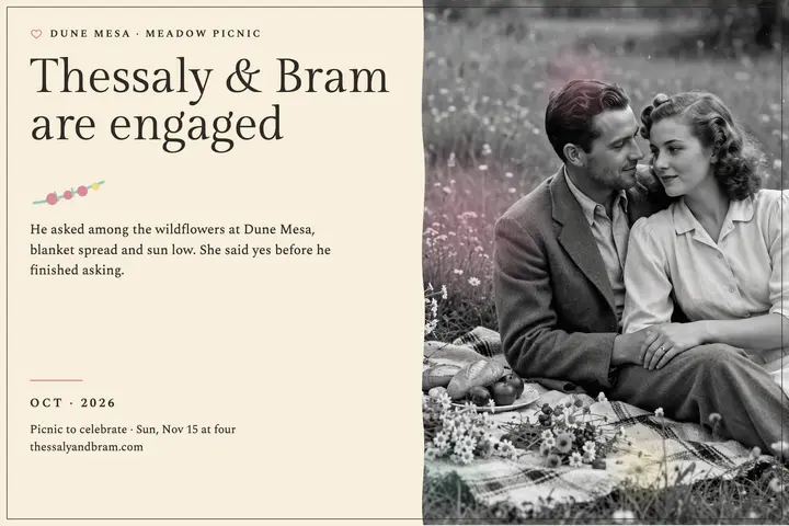 Thessaly and Bram meadow picnic engagement template