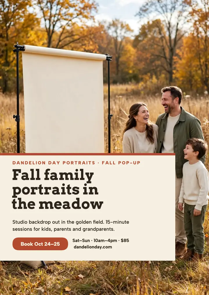 Dandelion Day fall portrait pop-up flyer: family portrait flyer template
