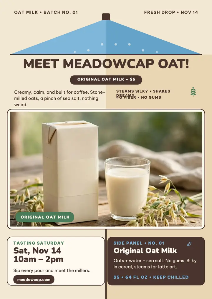 Meadowcap oat milk carton launch flyer template