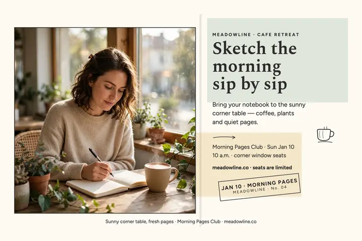 Meadowline cafe journaling retreat postcard template