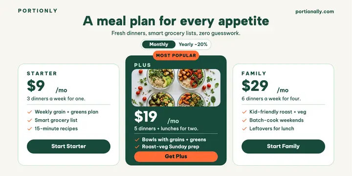 Portionly meal plan app pricing post template