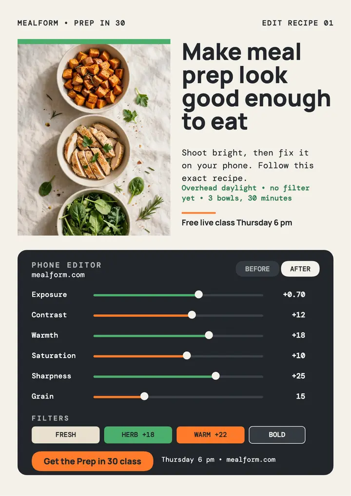 Mealform prep in 30 edit flyer: meal prep edit flyer template