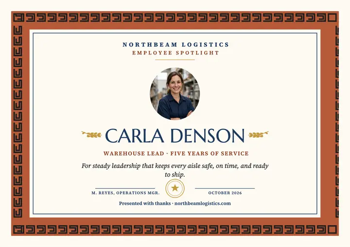 Carla Denson warehouse spotlight certificate template