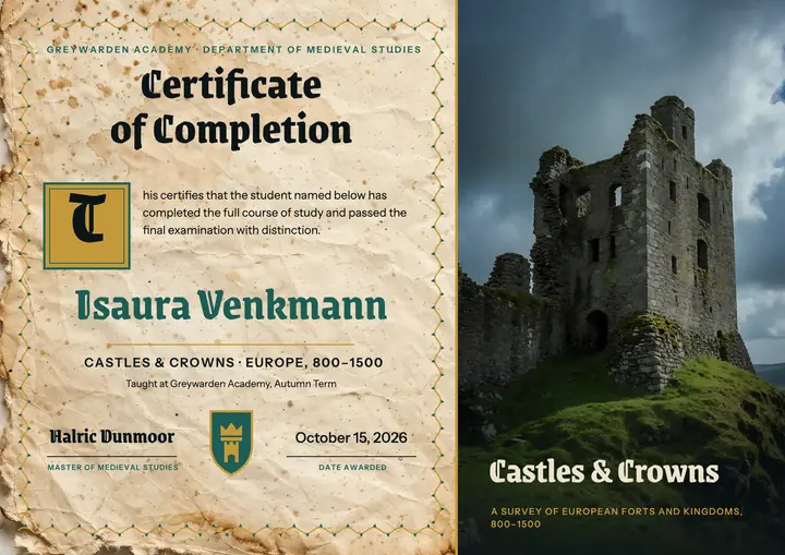 Castles & Crowns medieval history certificate template