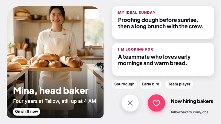 Tallow Bakery meet the baker profile card template