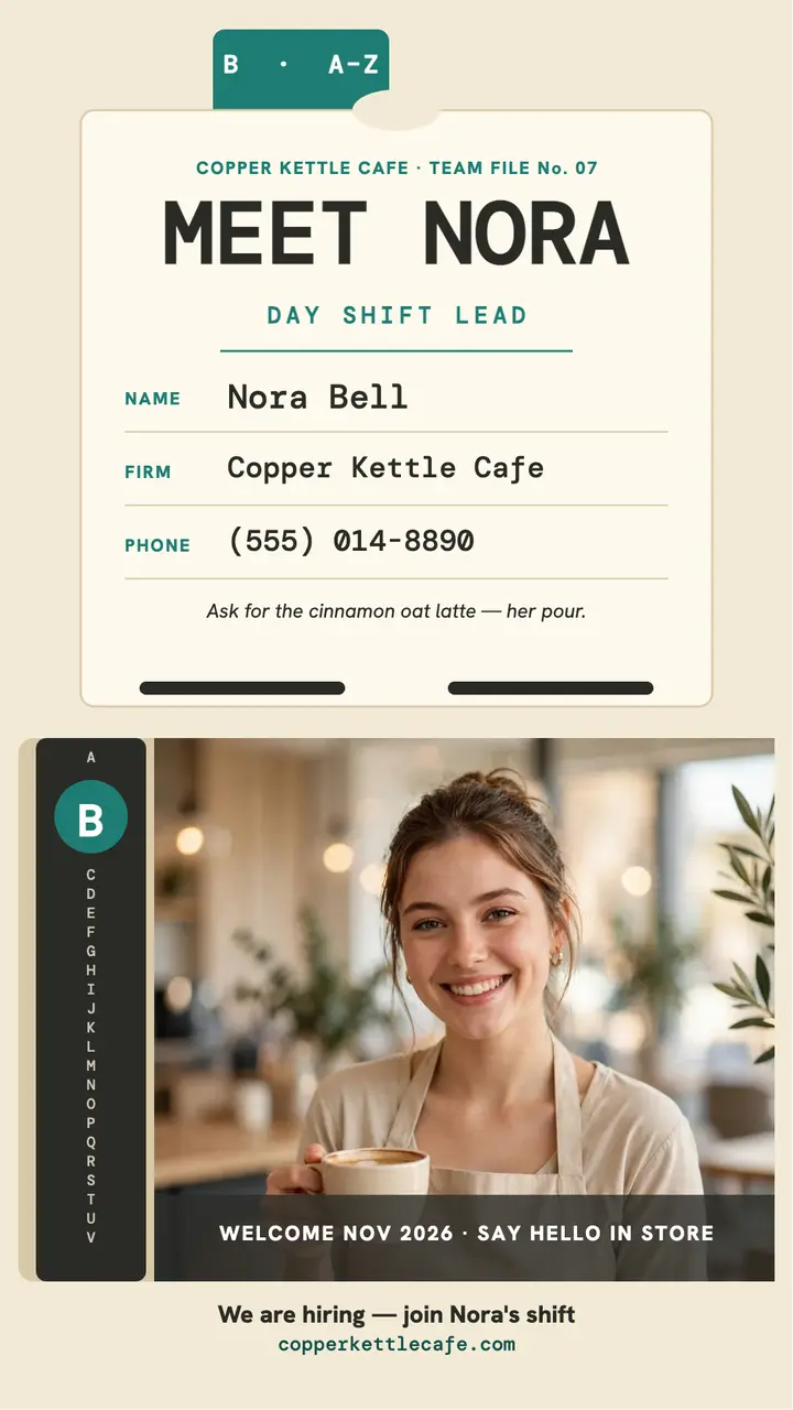 Copper Kettle Cafe meet Nora file card story template