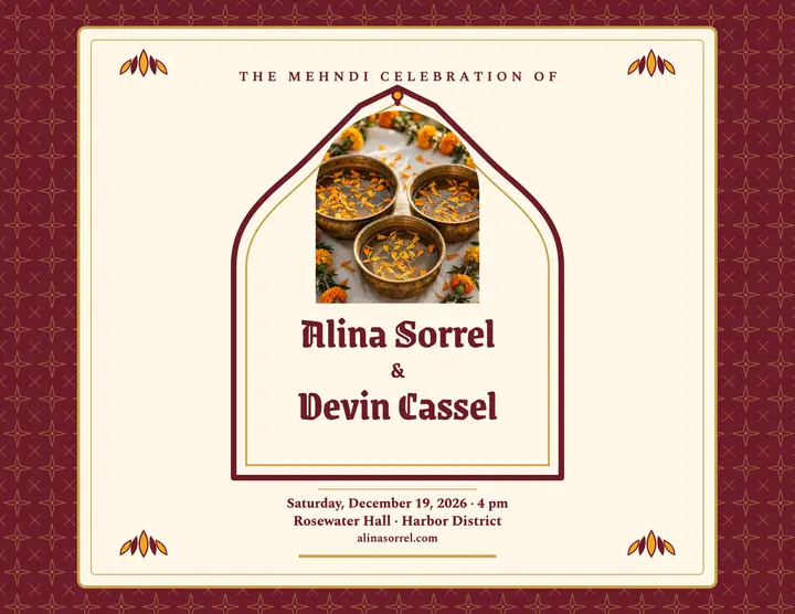 Marigold arch mehndi invitation, Sorrel and Cassel template